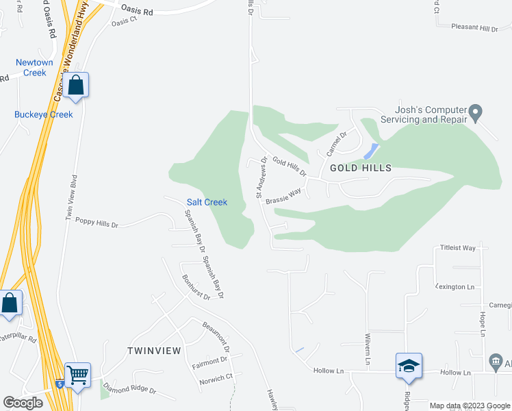 map of restaurants, bars, coffee shops, grocery stores, and more near 1596 Saint Andrews Drive in Redding