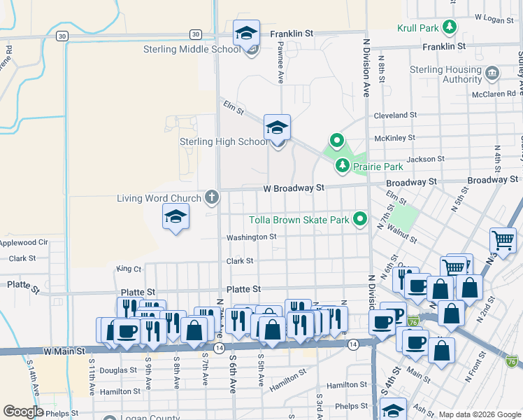 map of restaurants, bars, coffee shops, grocery stores, and more near 626 North 5th Avenue in Sterling