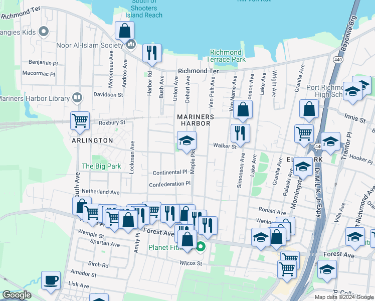 map of restaurants, bars, coffee shops, grocery stores, and more near 80 Maple Parkway in Staten Island