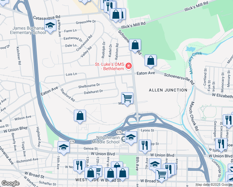 map of restaurants, bars, coffee shops, grocery stores, and more near 1204 Stanford Road in Bethlehem