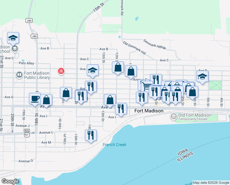 map of restaurants, bars, coffee shops, grocery stores, and more near 1128 Avenue F in Fort Madison