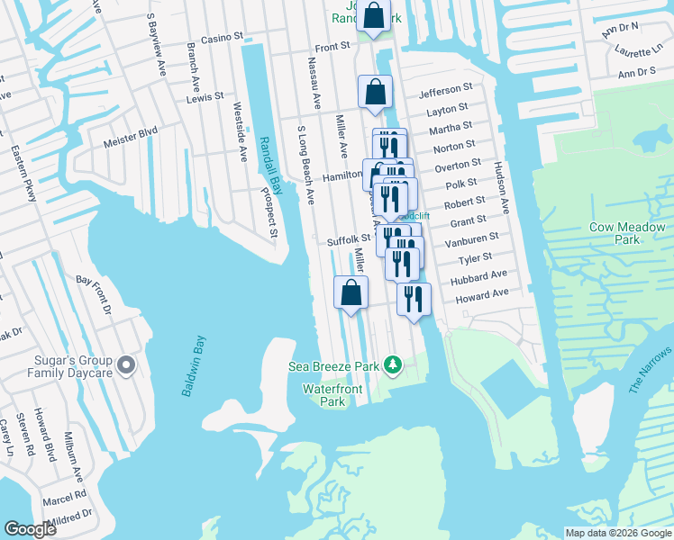 map of restaurants, bars, coffee shops, grocery stores, and more near 799 South Long Beach Avenue in Freeport