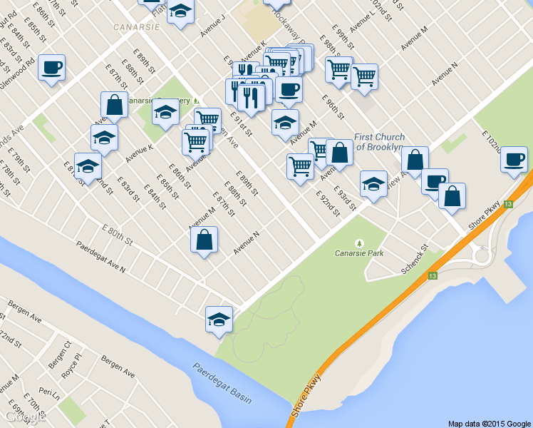 map of restaurants, bars, coffee shops, grocery stores, and more near 8911 Avenue North in Brooklyn
