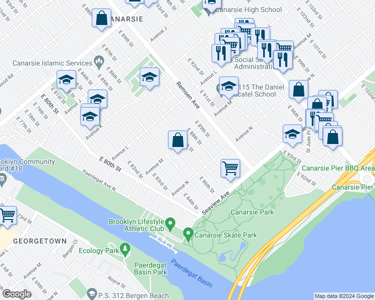 map of restaurants, bars, coffee shops, grocery stores, and more near 1315 East 87th Street in Brooklyn