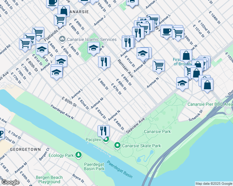 map of restaurants, bars, coffee shops, grocery stores, and more near 1315 East 87th Street in Brooklyn