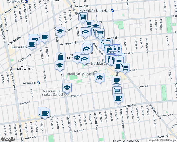 map of restaurants, bars, coffee shops, grocery stores, and more near 2354 Campus Road in Brooklyn