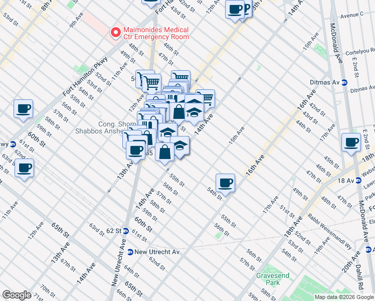 map of restaurants, bars, coffee shops, grocery stores, and more near 5202 14th Avenue in Brooklyn