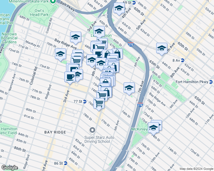 map of restaurants, bars, coffee shops, grocery stores, and more near 479 72nd Street in Brooklyn