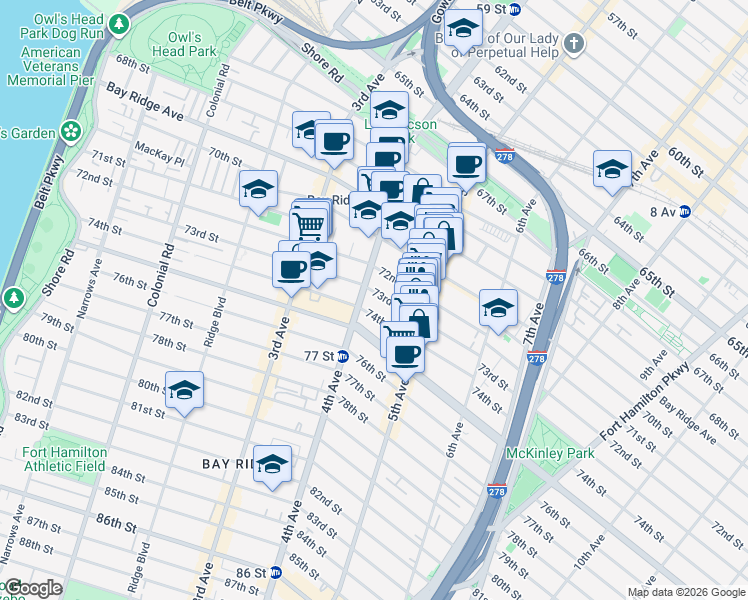 map of restaurants, bars, coffee shops, grocery stores, and more near 429 73rd Street in Brooklyn