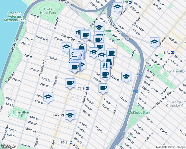 map of restaurants, bars, coffee shops, grocery stores, and more near 7312 4th Avenue in Brooklyn