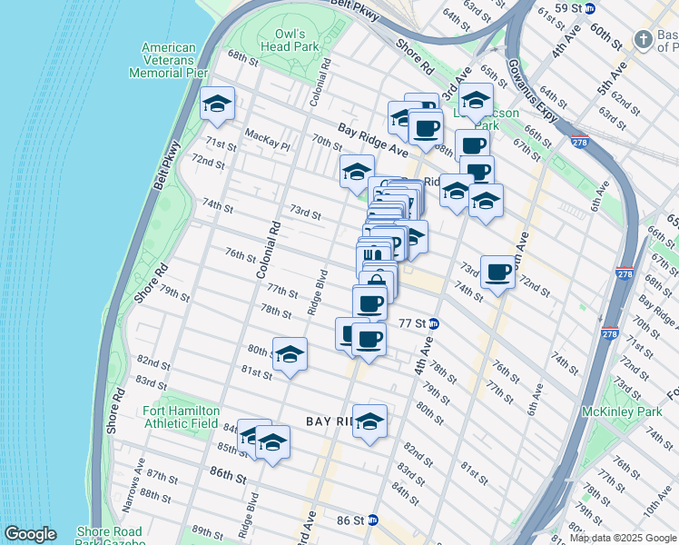 map of restaurants, bars, coffee shops, grocery stores, and more near 223 Bay Ridge Parkway in Brooklyn