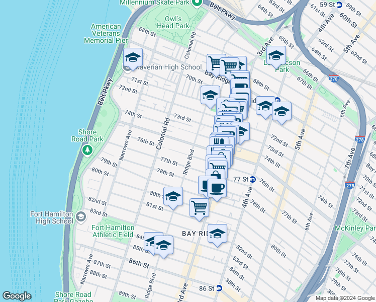 map of restaurants, bars, coffee shops, grocery stores, and more near 168 Bay Ridge Parkway in Brooklyn