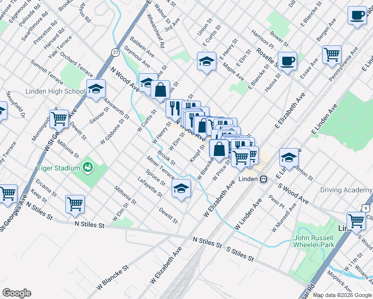 map of restaurants, bars, coffee shops, grocery stores, and more near 432 Helen Street in Linden