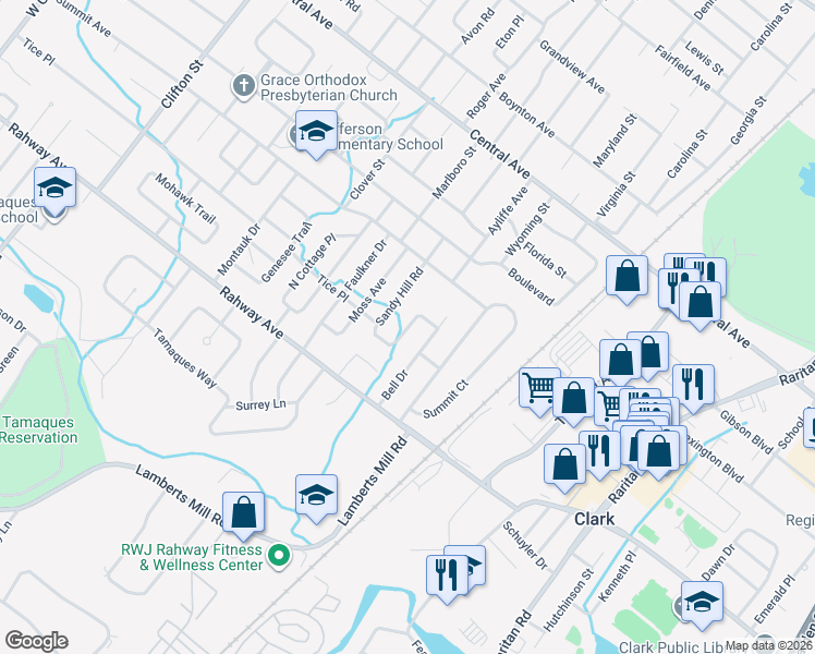 map of restaurants, bars, coffee shops, grocery stores, and more near 57 Sandy Hill Road in Westfield