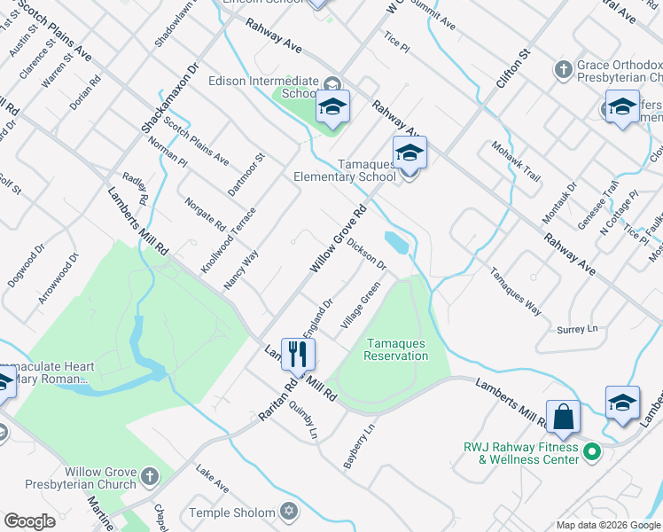 map of restaurants, bars, coffee shops, grocery stores, and more near 817 Willow Grove Road in Westfield