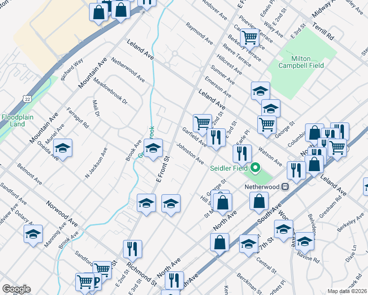 map of restaurants, bars, coffee shops, grocery stores, and more near 115 Johnston Avenue in Plainfield