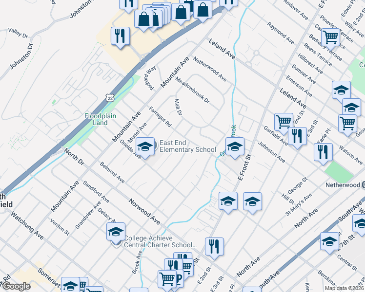 map of restaurants, bars, coffee shops, grocery stores, and more near 131 Farragut Road in North Plainfield