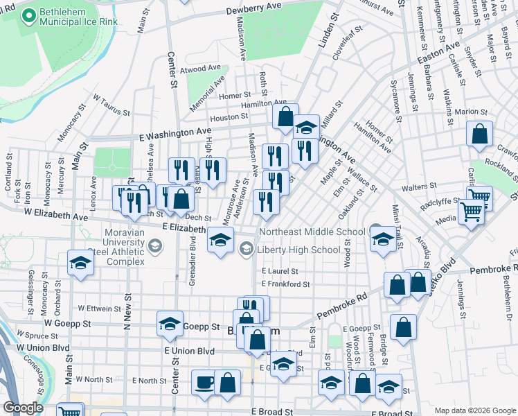 map of restaurants, bars, coffee shops, grocery stores, and more near 1400 Madison Avenue in Bethlehem
