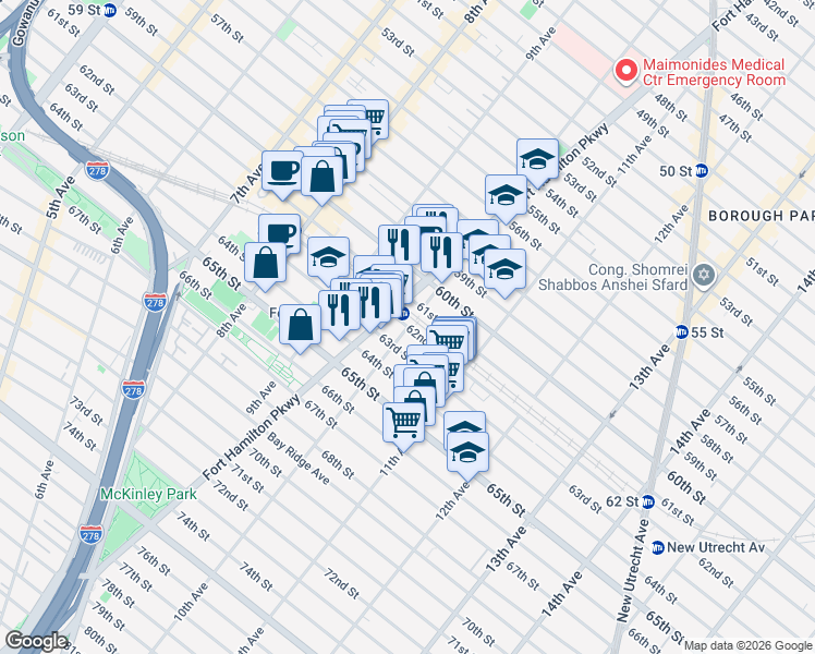 map of restaurants, bars, coffee shops, grocery stores, and more near 10th Avenue in Brooklyn