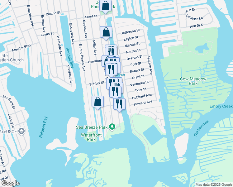 map of restaurants, bars, coffee shops, grocery stores, and more near 301 Woodcleft Avenue in Freeport