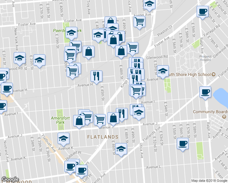 map of restaurants, bars, coffee shops, grocery stores, and more near 1670 Schenectady Avenue in Brooklyn