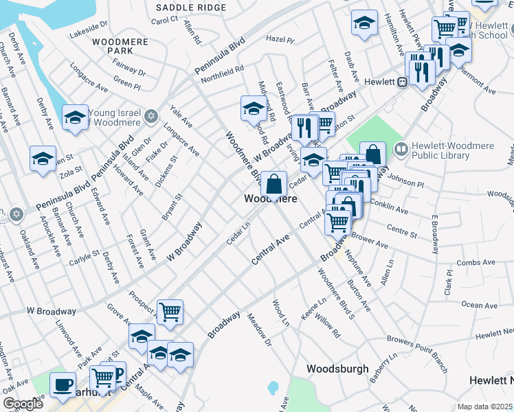map of restaurants, bars, coffee shops, grocery stores, and more near 873 Station Place in Woodmere