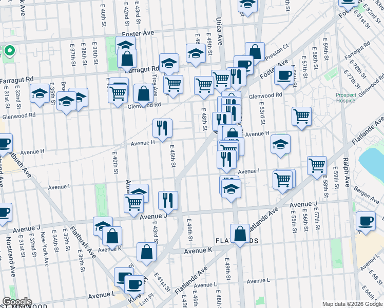 map of restaurants, bars, coffee shops, grocery stores, and more near 1670 Schenectady Avenue in Brooklyn