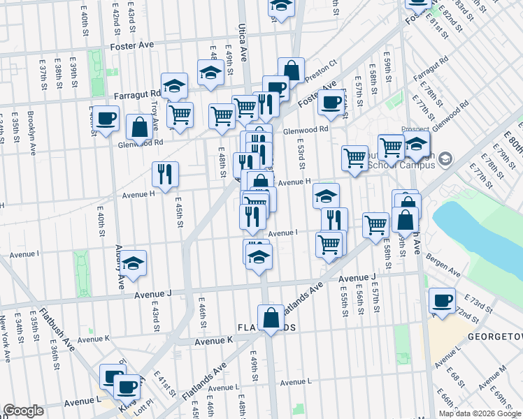 map of restaurants, bars, coffee shops, grocery stores, and more near 1663 Utica Avenue in Brooklyn