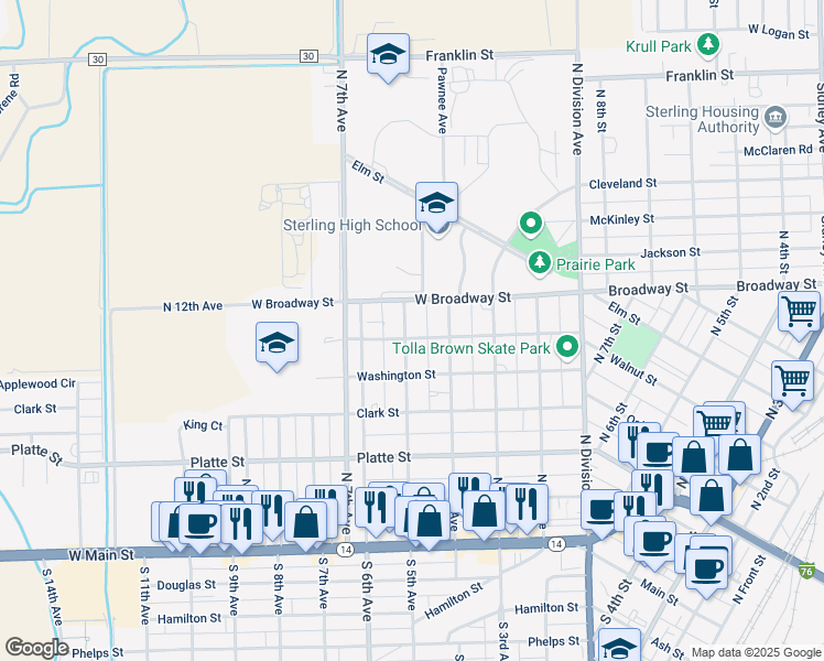 map of restaurants, bars, coffee shops, grocery stores, and more near 602 North 5th Avenue in Sterling