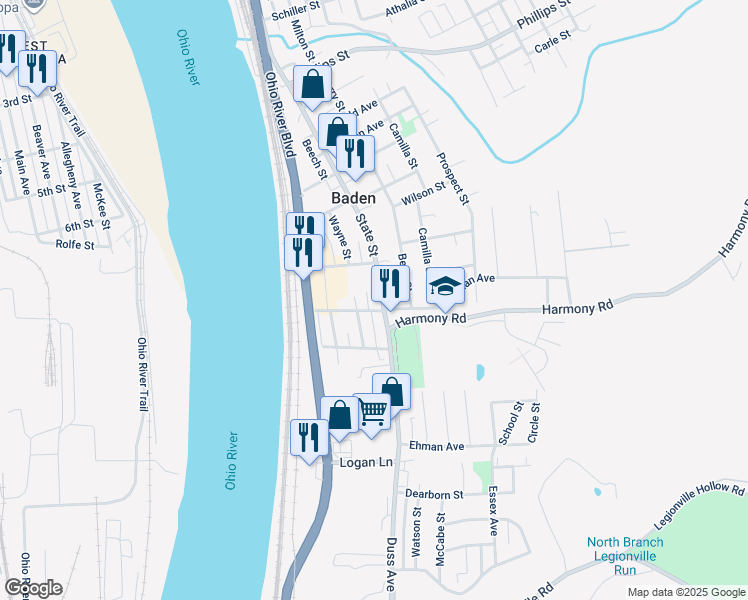 map of restaurants, bars, coffee shops, grocery stores, and more near 255 State Street in Baden