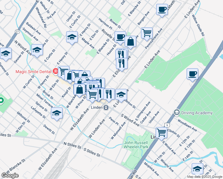 map of restaurants, bars, coffee shops, grocery stores, and more near 104 East Elizabeth Avenue in Linden