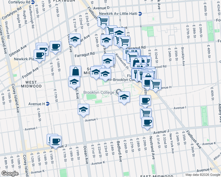 map of restaurants, bars, coffee shops, grocery stores, and more near 2910 Bedford Avenue in Brooklyn
