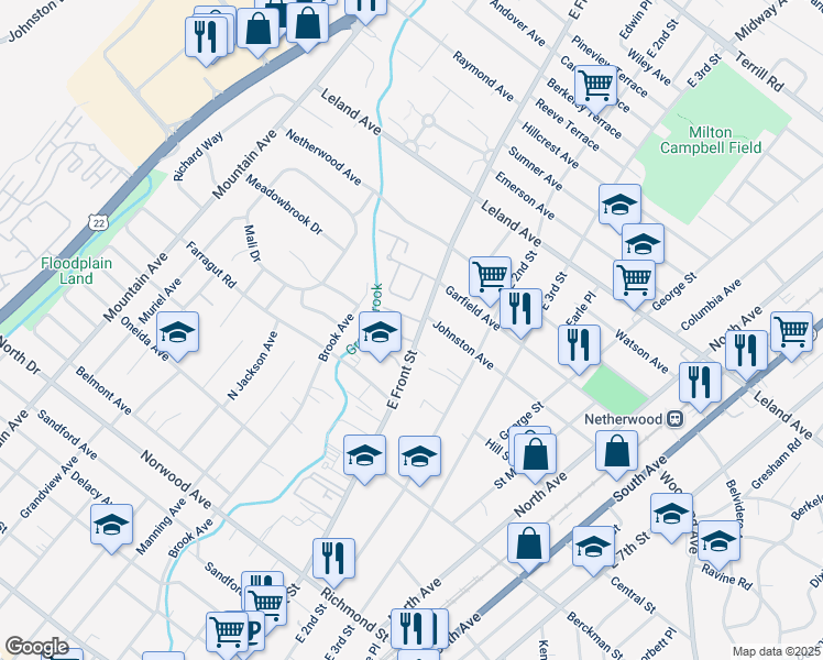map of restaurants, bars, coffee shops, grocery stores, and more near 855 East Front Street in Plainfield