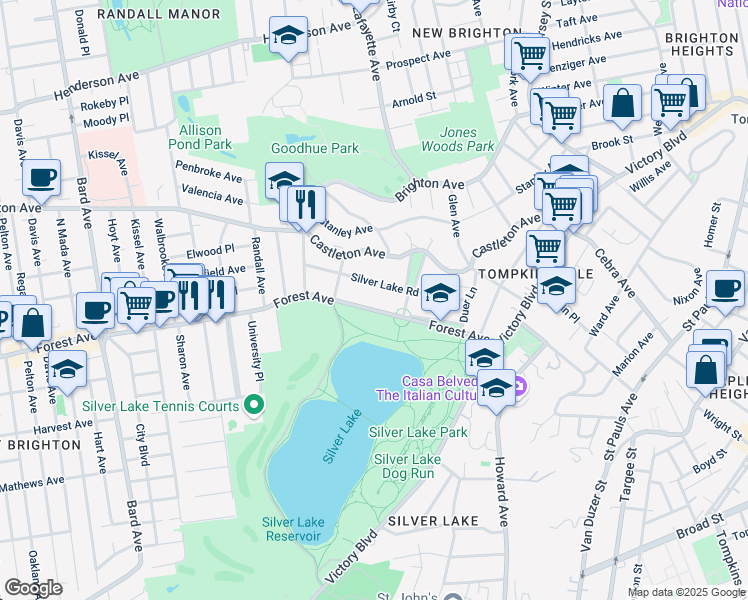 map of restaurants, bars, coffee shops, grocery stores, and more near 86 Silver Lake Road in Staten Island