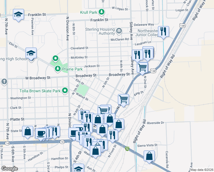 map of restaurants, bars, coffee shops, grocery stores, and more near 423 Pine Street in Sterling