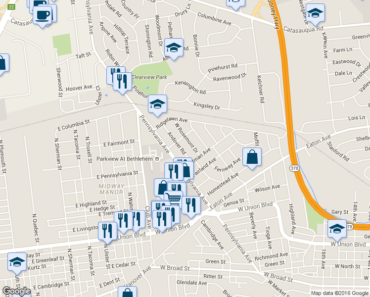 map of restaurants, bars, coffee shops, grocery stores, and more near 1234 Andover Road in Bethlehem