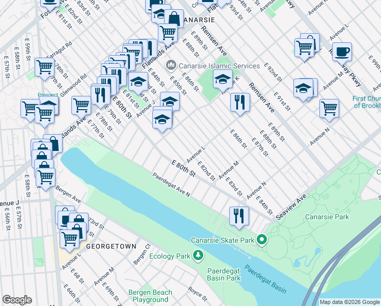 map of restaurants, bars, coffee shops, grocery stores, and more near 1182 East 82nd Street in Brooklyn