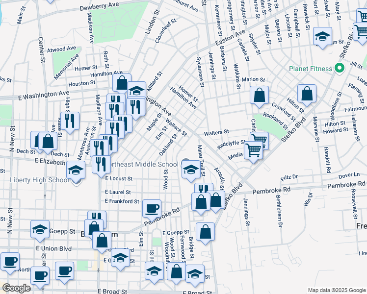 map of restaurants, bars, coffee shops, grocery stores, and more near 1510 Linwood Street in Bethlehem