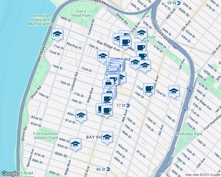 map of restaurants, bars, coffee shops, grocery stores, and more near 7424 3rd Avenue in Brooklyn