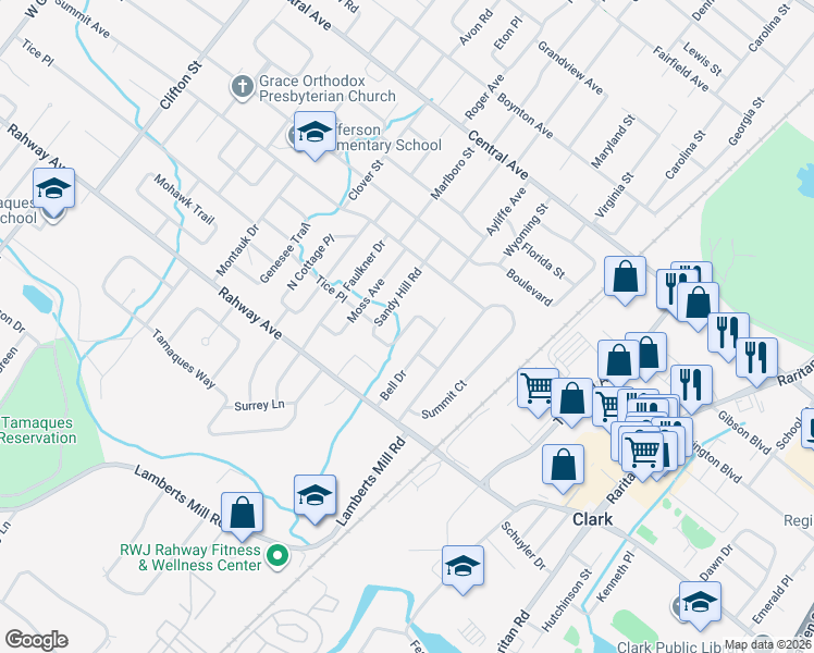 map of restaurants, bars, coffee shops, grocery stores, and more near 57 Sandy Hill Road in Westfield