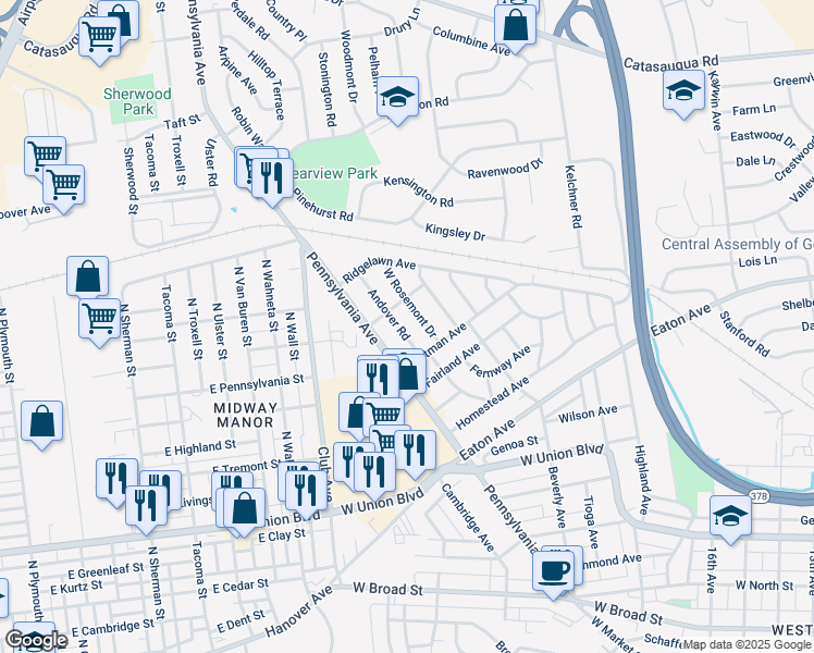map of restaurants, bars, coffee shops, grocery stores, and more near 1234 Andover Road in Bethlehem