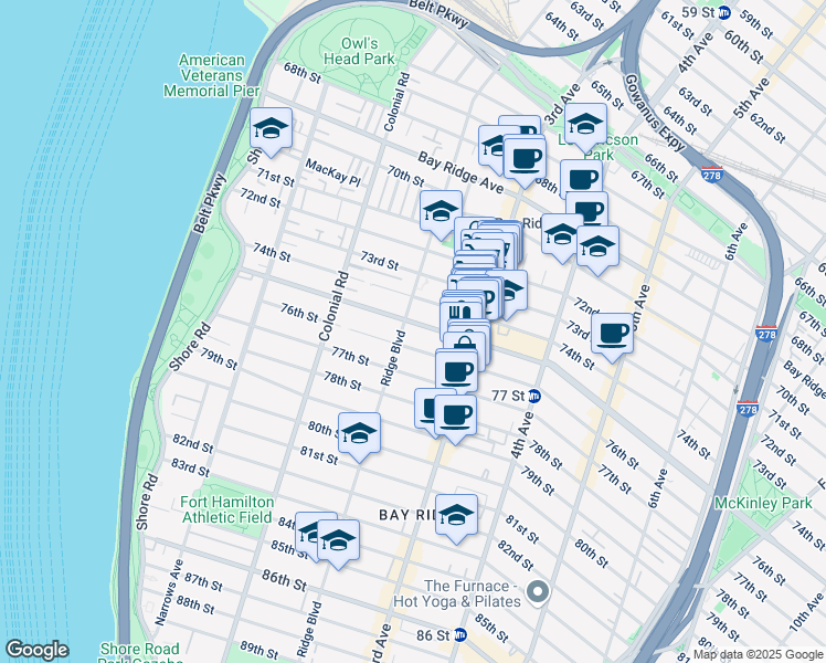 map of restaurants, bars, coffee shops, grocery stores, and more near 7501 Ridge Boulevard in Brooklyn