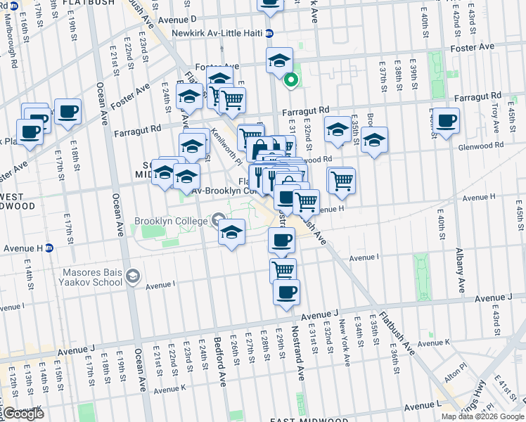 map of restaurants, bars, coffee shops, grocery stores, and more near 2920 Campus Road in Brooklyn