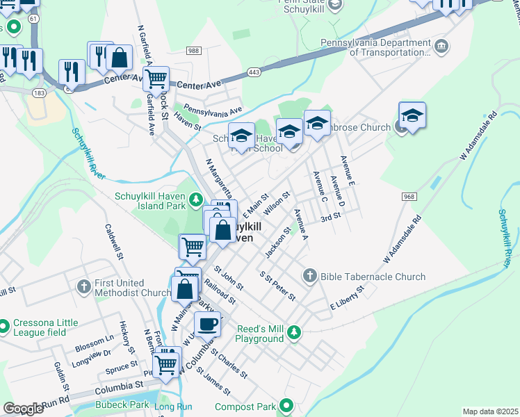 map of restaurants, bars, coffee shops, grocery stores, and more near 408 East Main Street in Schuylkill Haven