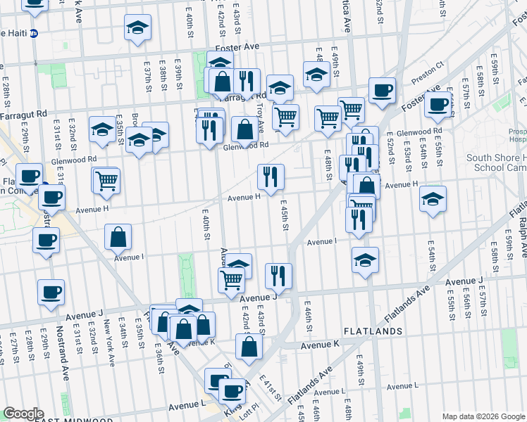 map of restaurants, bars, coffee shops, grocery stores, and more near 937 East 43rd Street in Brooklyn