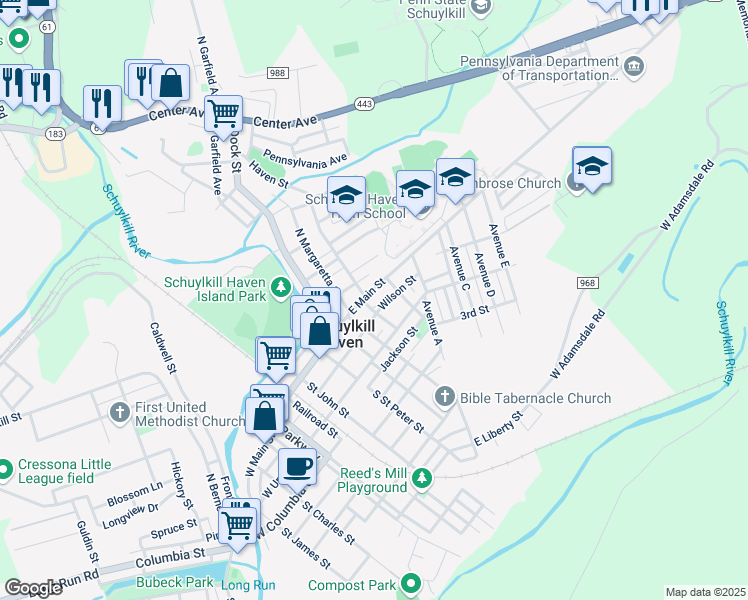 map of restaurants, bars, coffee shops, grocery stores, and more near 408 East Main Street in Schuylkill Haven