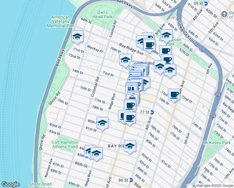 map of restaurants, bars, coffee shops, grocery stores, and more near 7501 Ridge Boulevard in Brooklyn