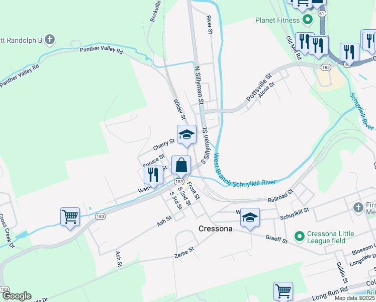 map of restaurants, bars, coffee shops, grocery stores, and more near 45 Wilder Street in Cressona