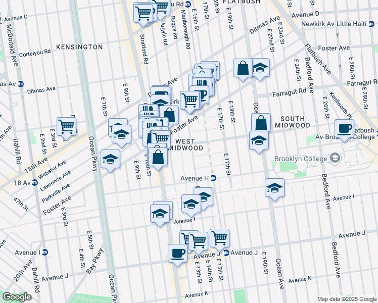 map of restaurants, bars, coffee shops, grocery stores, and more near 701 Rugby Road in Brooklyn