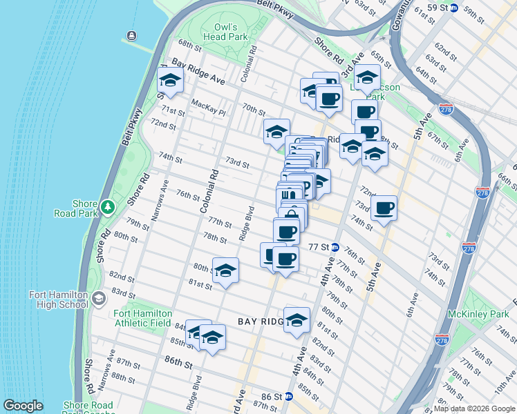 map of restaurants, bars, coffee shops, grocery stores, and more near 223 Bay Ridge Parkway in Brooklyn